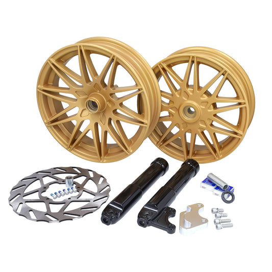 Wielset Fast Arrow Pro 11 en 12 inch wiel + oversized remschijfset goud piaggio, zip 2t , zip 4t, zip2000